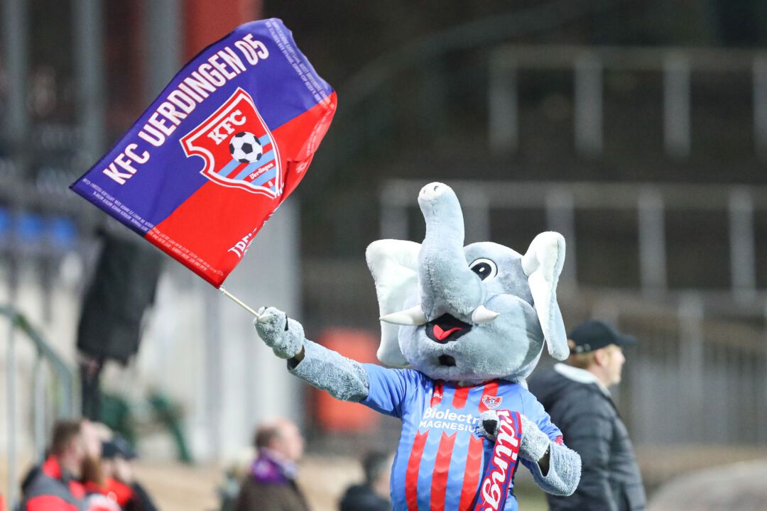 Grotifant, das KFC-Maskottchen, schwenkt beim Flutlichtspiel die blau-rote Vereinsfahne